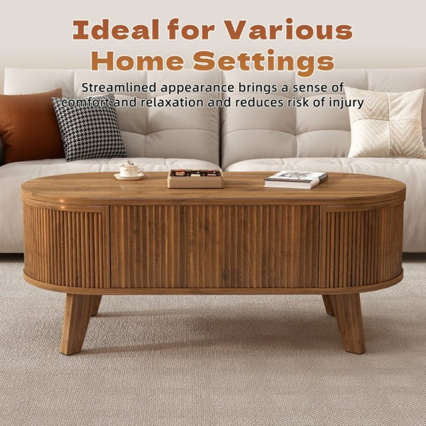 English Elm Fluted Oval Lift Top Coffee Table with Hidden Storage and Warm Walnut Finish W2641P526930