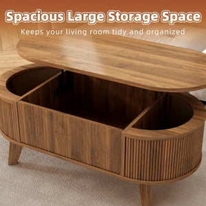 English Elm Fluted Oval Lift Top Coffee Table with Hidden Storage and Warm Walnut Finish W2641P526930