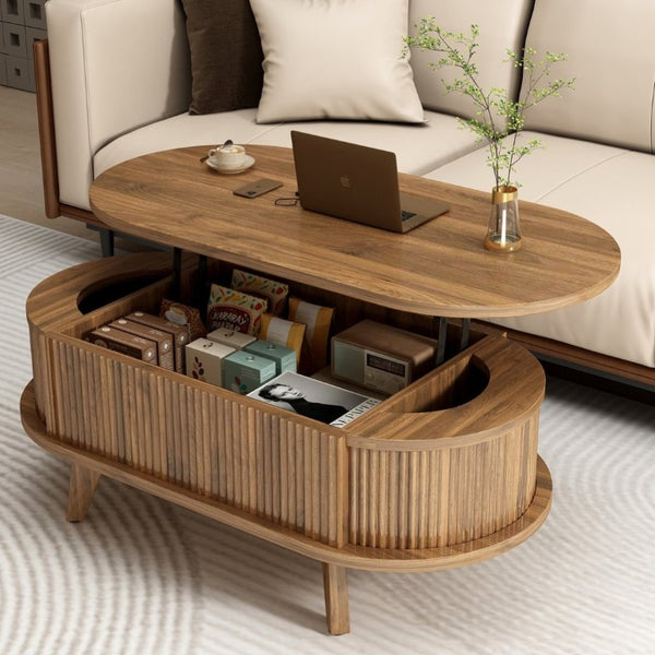 English Elm Fluted Oval Lift Top Coffee Table with Hidden Storage Mid Century Walnut Finish W2641P526931