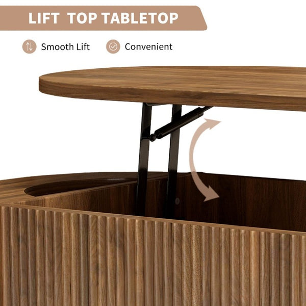 English Elm Fluted Oval Lift Top Coffee Table with Hidden Storage Mid Century Walnut Finish W2641P526931