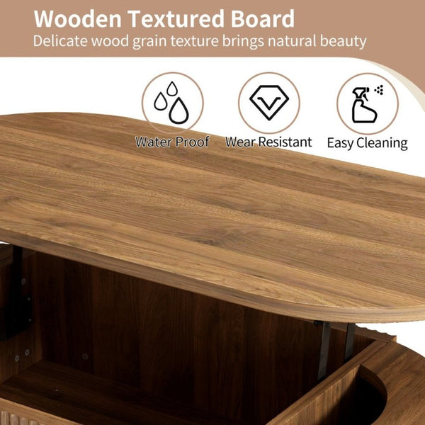 English Elm Fluted Oval Lift Top Coffee Table with Hidden Storage Mid Century Walnut Finish W2641P526931
