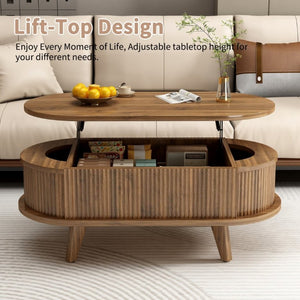English Elm Fluted Oval Lift Top Coffee Table with Hidden Storage Mid Century Walnut Finish W2641P526931
