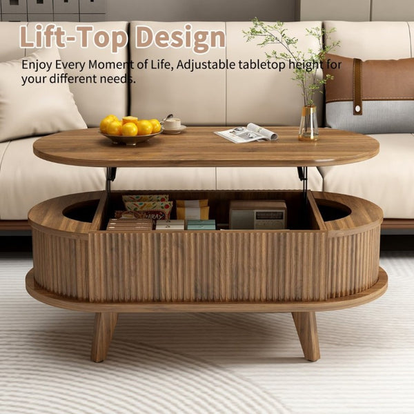English Elm Fluted Oval Lift Top Coffee Table with Hidden Storage Mid Century Walnut Finish W2641P526931
