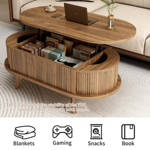 English Elm Fluted Oval Lift Top Coffee Table with Hidden Storage Mid Century Walnut Finish W2641P526931