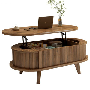 English Elm Fluted Oval Lift Top Coffee Table with Hidden Storage Mid Century Walnut Finish W2641P526931