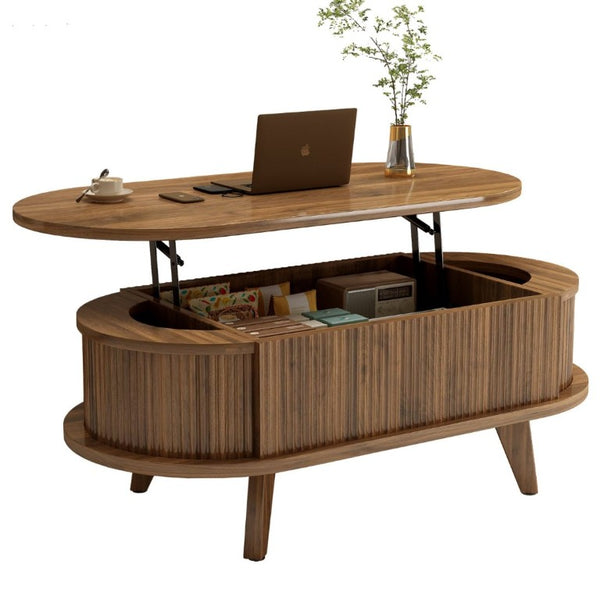 English Elm Fluted Oval Lift Top Coffee Table with Hidden Storage Mid Century Walnut Finish W2641P526931