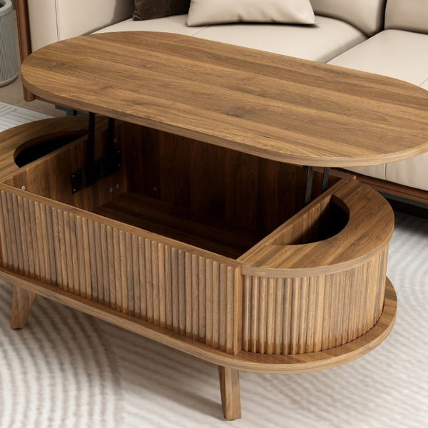 English Elm Fluted Oval Lift Top Coffee Table with Hidden Storage Mid Century Walnut Finish W2641P526931
