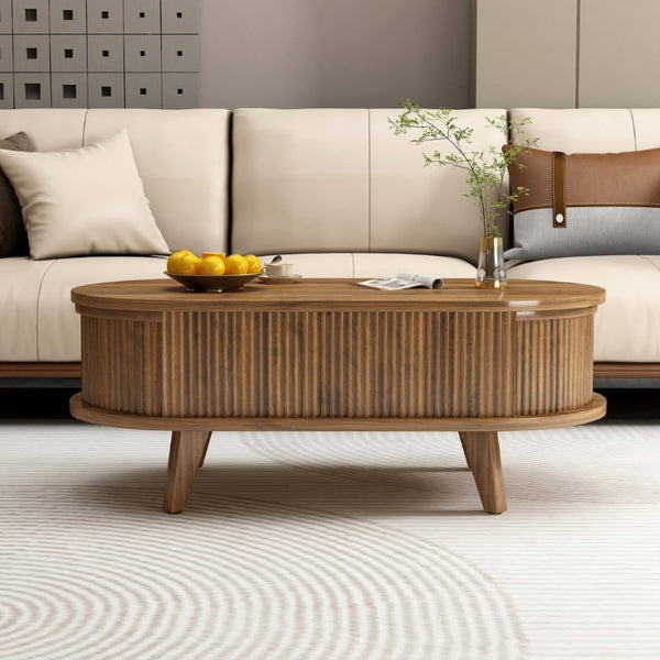 English Elm Fluted Oval Lift Top Coffee Table with Hidden Storage Mid Century Walnut Finish W2641P526931