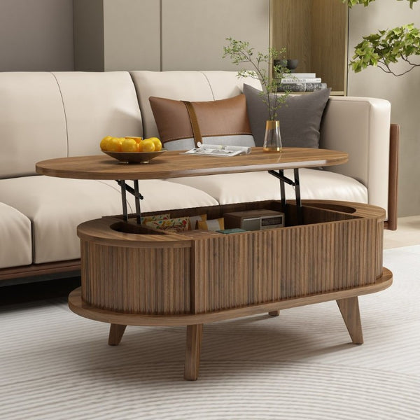 English Elm Fluted Oval Lift Top Coffee Table with Hidden Storage Mid Century Walnut Finish W2641P526931