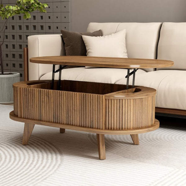 English Elm Fluted Oval Lift Top Coffee Table with Hidden Storage Mid Century Walnut Finish W2641P526931