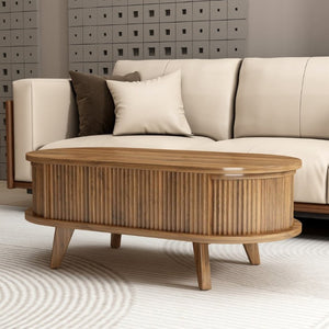 English Elm Fluted Oval Lift Top Coffee Table with Hidden Storage Mid Century Walnut Finish W2641P526931
