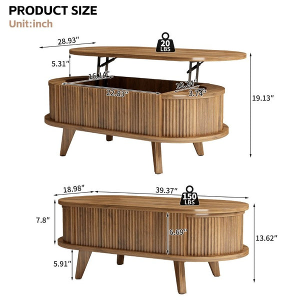 English Elm Fluted Oval Lift Top Coffee Table with Hidden Storage Mid Century Walnut Finish W2641P526931