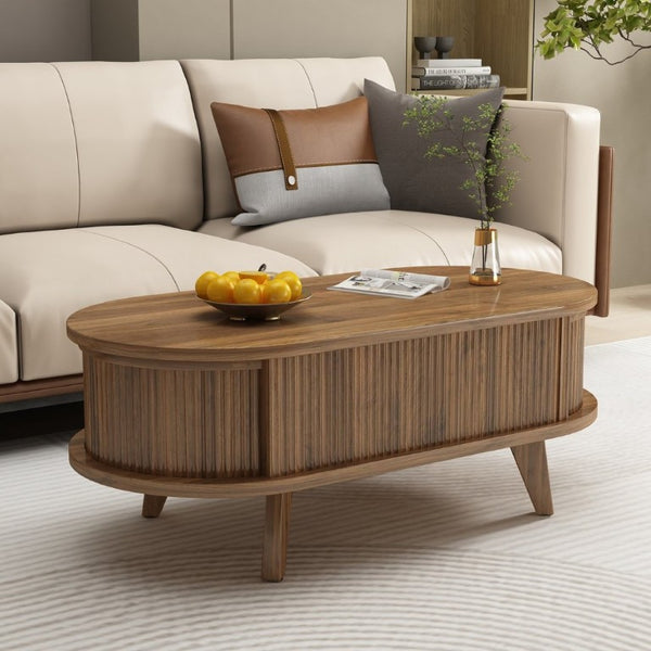 English Elm Fluted Oval Lift Top Coffee Table with Hidden Storage Mid Century Walnut Finish W2641P526931