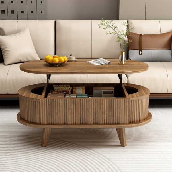 English Elm Fluted Oval Lift Top Coffee Table with Hidden Storage Mid Century Walnut Finish W2641P526931