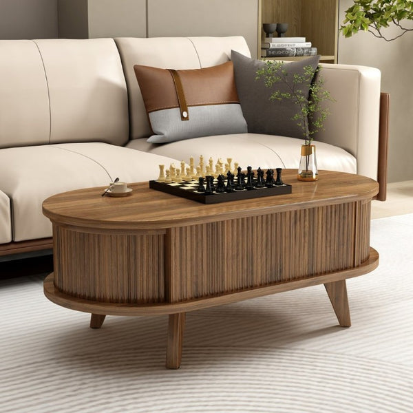 English Elm Fluted Oval Lift Top Coffee Table with Hidden Storage Mid Century Walnut Finish W2641P526931