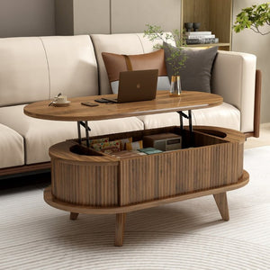 English Elm Fluted Oval Lift Top Coffee Table with Hidden Storage Mid Century Walnut Finish W2641P526931