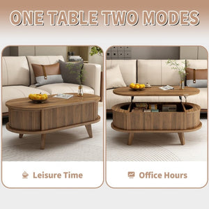 English Elm Fluted Oval Lift Top Coffee Table with Hidden Storage Mid Century Walnut Finish W2641P526931