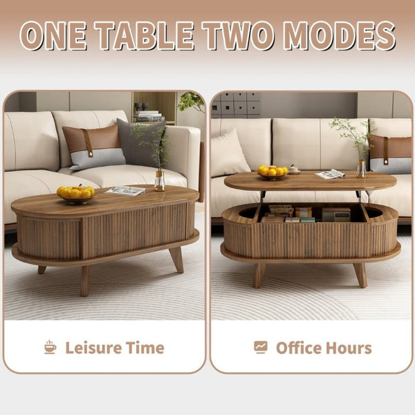English Elm Fluted Oval Lift Top Coffee Table with Hidden Storage Mid Century Walnut Finish W2641P526931