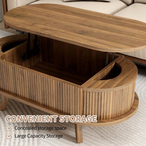 English Elm Fluted Oval Lift Top Coffee Table with Hidden Storage Mid Century Walnut Finish W2641P526931