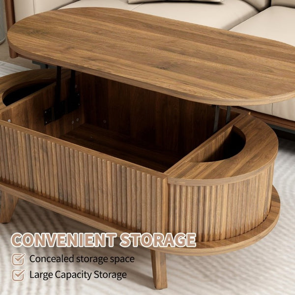 English Elm Fluted Oval Lift Top Coffee Table with Hidden Storage Mid Century Walnut Finish W2641P526931