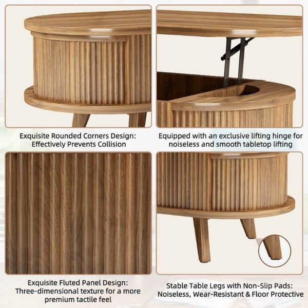 English Elm Fluted Oval Lift Top Coffee Table with Hidden Storage Mid Century Walnut Finish W2641P526931