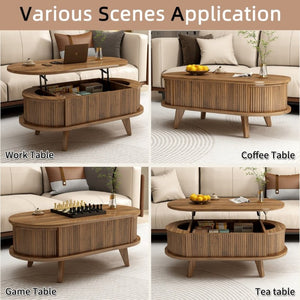English Elm Fluted Oval Lift Top Coffee Table with Hidden Storage Mid Century Walnut Finish W2641P526931