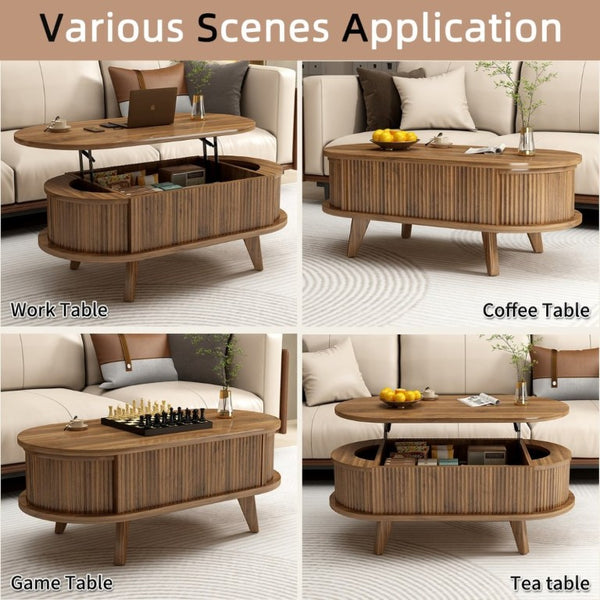 English Elm Fluted Oval Lift Top Coffee Table with Hidden Storage Mid Century Walnut Finish W2641P526931