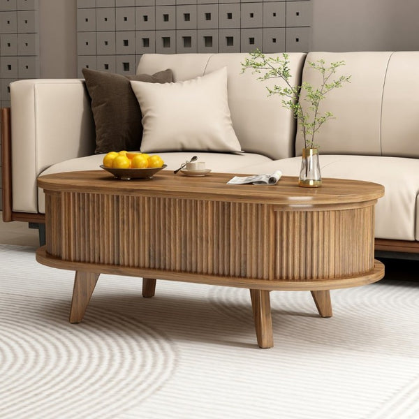 English Elm Fluted Oval Lift Top Coffee Table with Hidden Storage Mid Century Walnut Finish W2641P526931