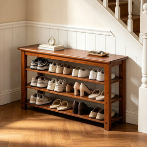 English Elm Solid Rubberwood Entryway Bench with 3 Tier Adjustable Shoe Shelves for Narrow Hallways W2641P558587