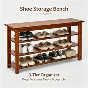 English Elm Solid Rubberwood Entryway Bench with 3 Tier Adjustable Shoe Shelves for Narrow Hallways W2641P558587