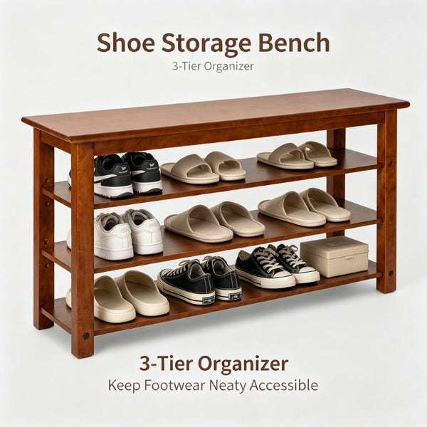 English Elm Solid Rubberwood Entryway Bench with 3 Tier Adjustable Shoe Shelves for Narrow Hallways W2641P558587