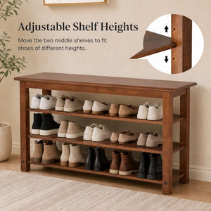 English Elm Solid Rubberwood Entryway Bench with 3 Tier Adjustable Shoe Shelves for Narrow Hallways W2641P558587