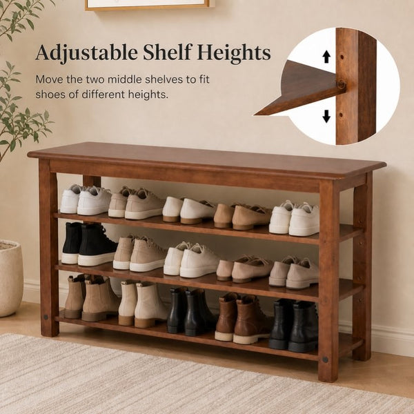 English Elm Solid Rubberwood Entryway Bench with 3 Tier Adjustable Shoe Shelves for Narrow Hallways W2641P558587