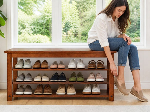 English Elm Solid Rubberwood Entryway Bench with 3 Tier Adjustable Shoe Shelves for Narrow Hallways W2641P558587