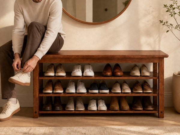 English Elm Solid Rubberwood Entryway Bench with 3 Tier Adjustable Shoe Shelves for Narrow Hallways W2641P558587