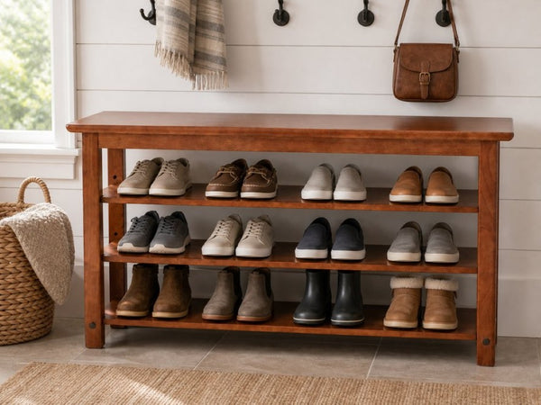 English Elm Solid Rubberwood Entryway Bench with 3 Tier Adjustable Shoe Shelves for Narrow Hallways W2641P558587