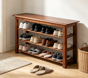 English Elm Solid Rubberwood Entryway Bench with 3 Tier Adjustable Shoe Shelves for Narrow Hallways W2641P558587