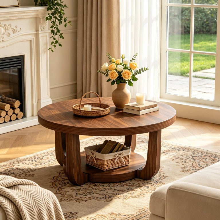 English Elm Round Two Tier Walnut Coffee Table with Open Shelf Storage for Modern Living Rooms W2641P562762