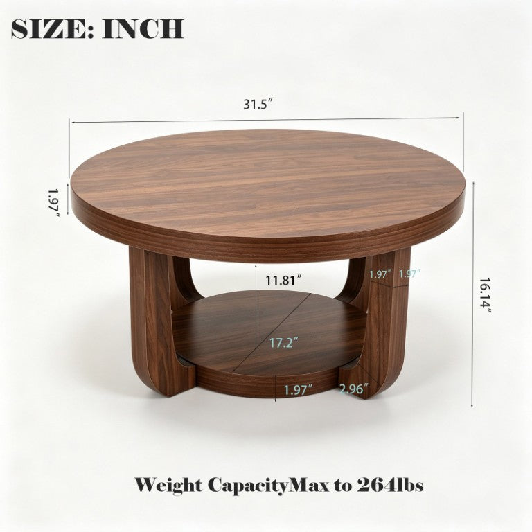 English Elm Round Two Tier Walnut Coffee Table with Open Shelf Storage for Modern Living Rooms W2641P562762