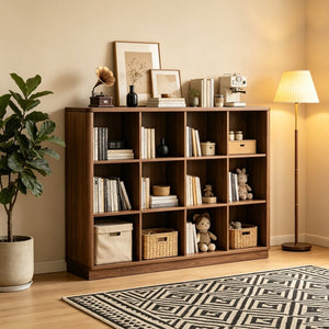 English Elm Book Shelf 12 Cube Walnut Organizer with Curved Edges for Living Room or Bedroom W2641P562763