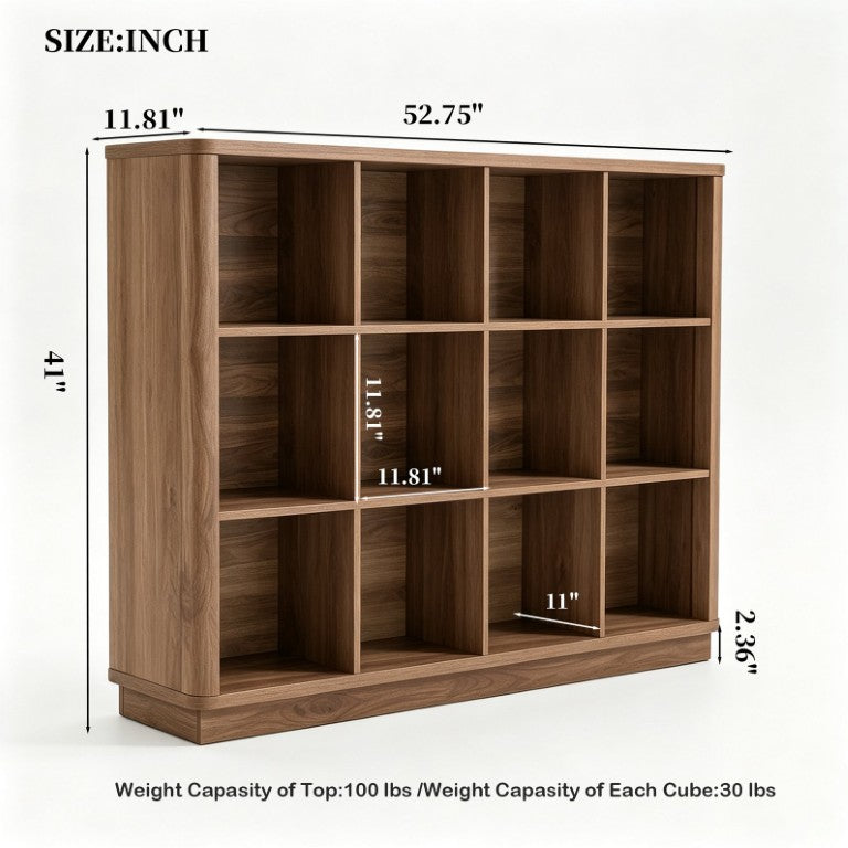 English Elm Book Shelf 12 Cube Walnut Organizer with Curved Edges for Living Room or Bedroom W2641P562763