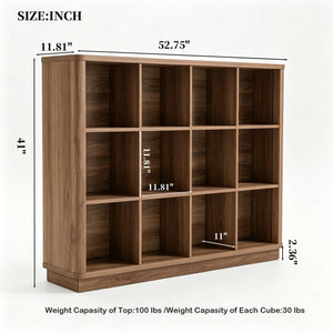 English Elm Book Shelf 12 Cube Walnut Organizer with Curved Edges for Living Room or Bedroom W2641P562763