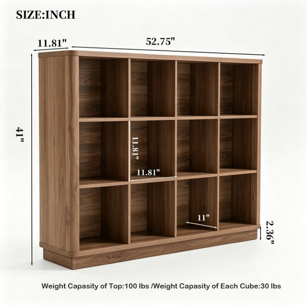 English Elm Book Shelf 12 Cube Walnut Organizer with Curved Edges for Living Room or Bedroom W2641P562763