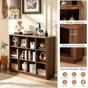 English Elm Book Shelf 12 Cube Walnut Organizer with Curved Edges for Living Room or Bedroom W2641P562763