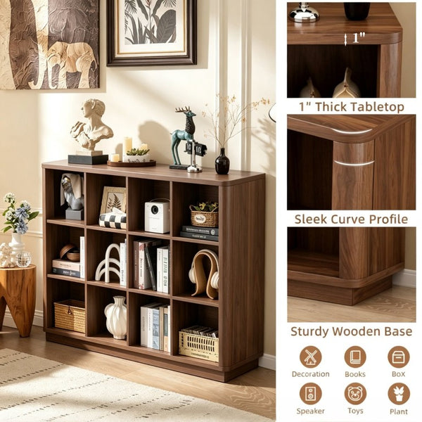 English Elm Book Shelf 12 Cube Walnut Organizer with Curved Edges for Living Room or Bedroom W2641P562763