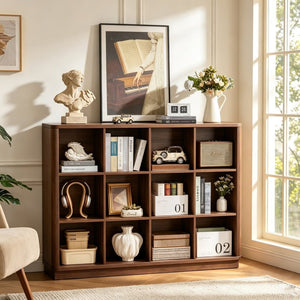 English Elm Book Shelf 12 Cube Walnut Organizer with Curved Edges for Living Room or Bedroom W2641P562763