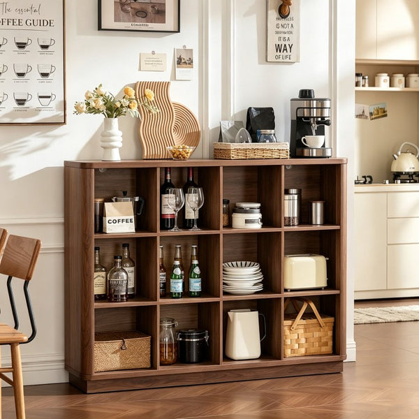 English Elm Book Shelf 12 Cube Walnut Organizer with Curved Edges for Living Room or Bedroom W2641P562763