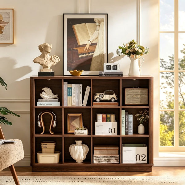 English Elm Book Shelf 12 Cube Walnut Organizer with Curved Edges for Living Room or Bedroom W2641P562763