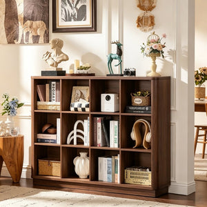 English Elm Book Shelf 12 Cube Walnut Organizer with Curved Edges for Living Room or Bedroom W2641P562763