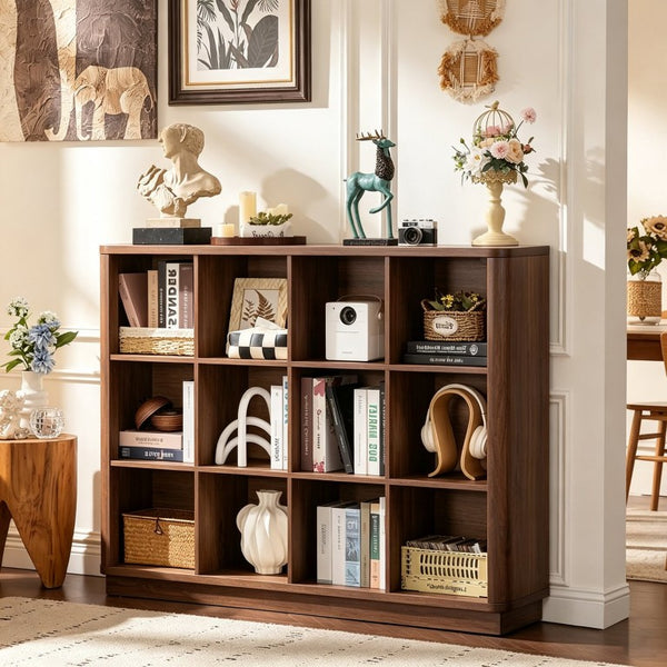 English Elm Book Shelf 12 Cube Walnut Organizer with Curved Edges for Living Room or Bedroom W2641P562763